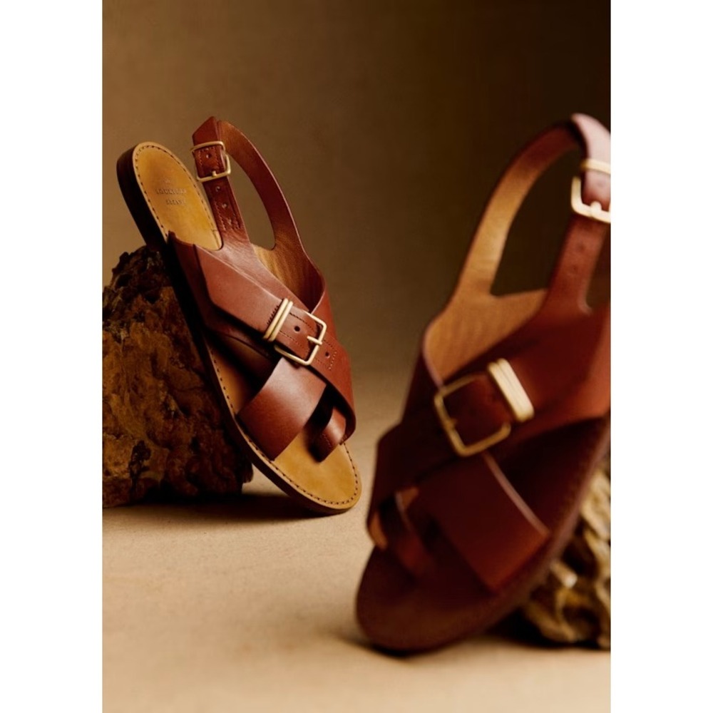 Sezane Judith Natural Heritage Leather Slingback Sandals Brown Women's Size 40/9